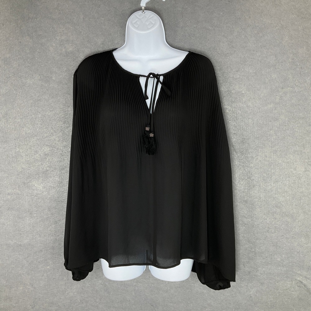 Daniel Rainn Pleated Blouse Tie Neck Long Sleeve Black Flowy Tassels Top Size M